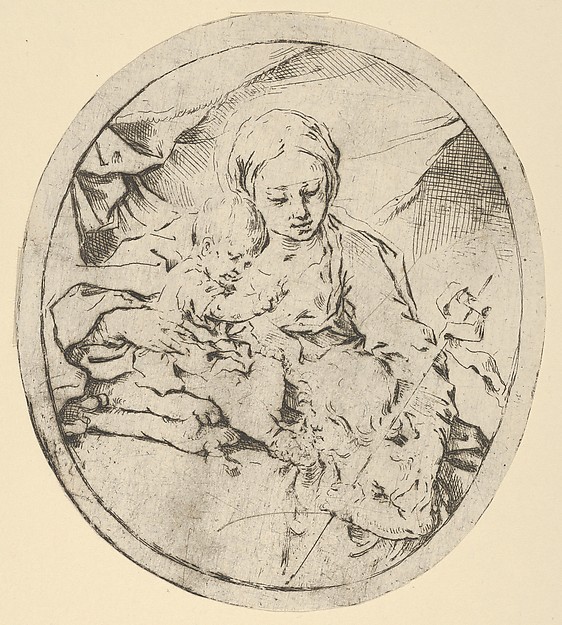 Guido Reni, The Virgin with the infant Christ seated on a cushion and the young Saint John the Baptist at his feet, an oval composition