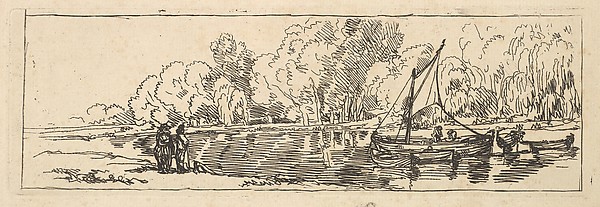 Thomas Rowlandson, River or Pond Scene: a Sailboat and Dinghy with Figures on the Near Bank