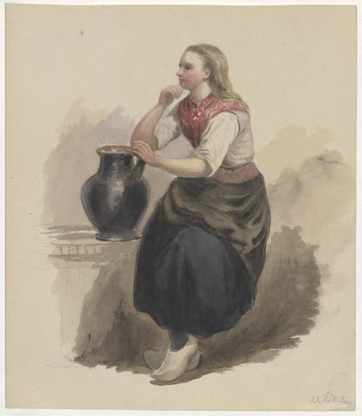 Kikkert, Jan Elias, (1843-1925), (artist), Girl holding a jar next to a well
