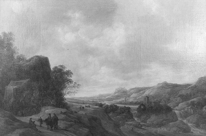 François van Knibbergen, Heuvelachtig rivierlandschap met reizigers