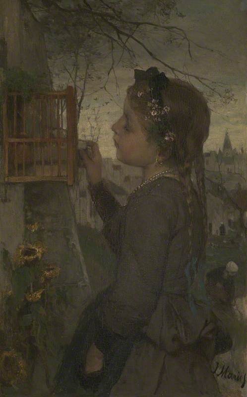 Jacob Maris, A Girl feeding a Bird in a Cage