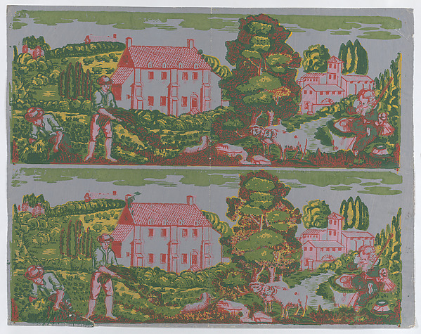 Anonymous, Sheet with two borders with pastoral landscapes on a gray background