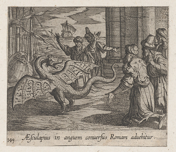 Antonio Tempesta, Plate 149: Aesculapius as a Serpent, Among the Romans (AEsculapius in anguem conversus Roman advehitur), from Ovid's "Metamorphoses"