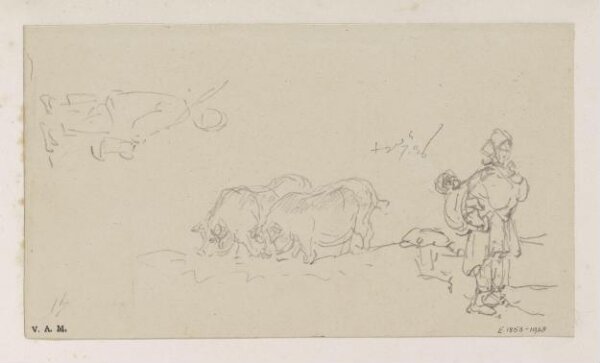George Chinnery, A boatwoman and child, two pigs, and a figure in outline