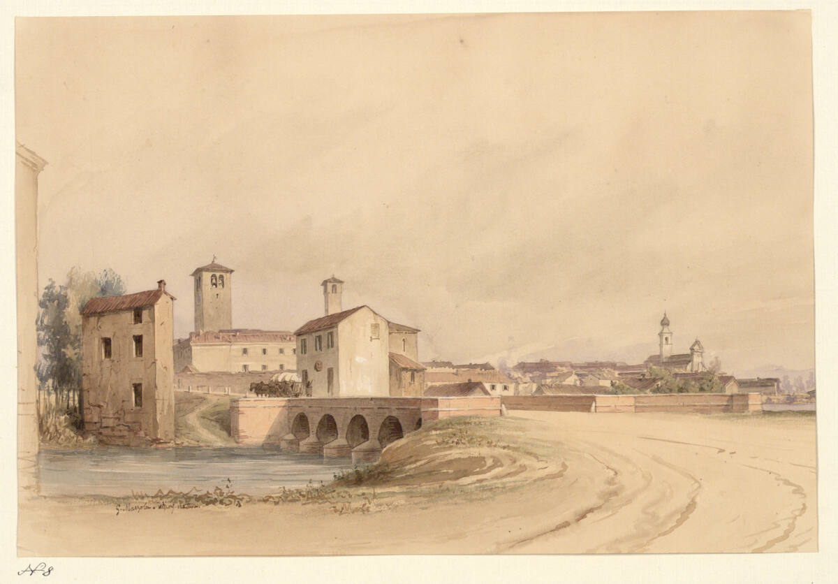 GiuseppeMazzola, Ansicht des Ortes Goito. Eingang von der Strasse von Mantua