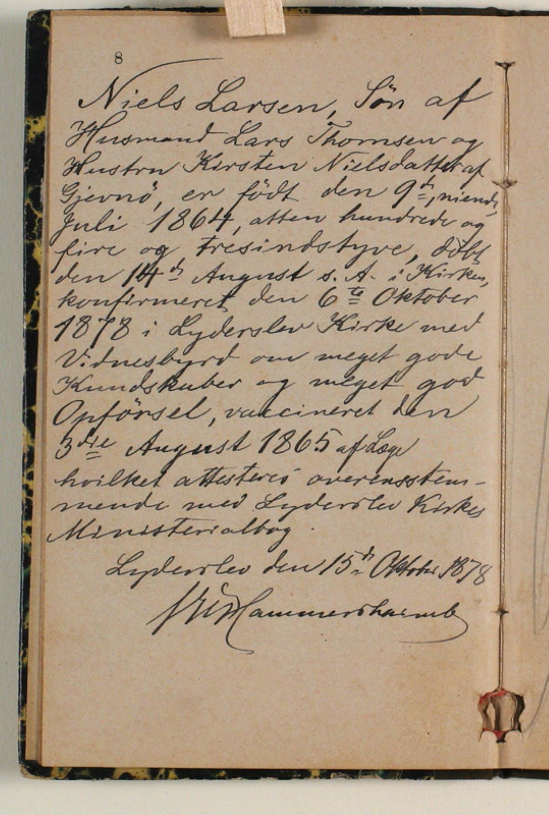 Niels Larsen Stevns, Skudsmål o.a. for Niels Larsen Stevns 1878 af præsten i Lyderslev