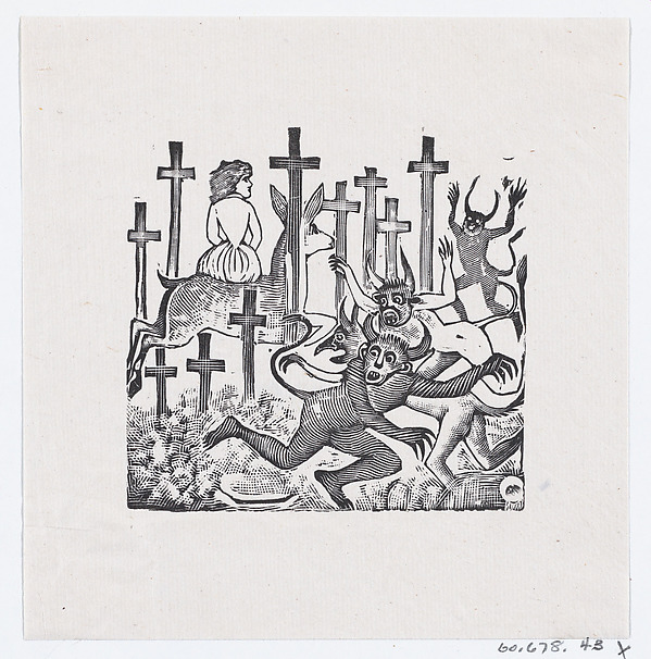 José Guadalupe Posada, Demons running away from a woman on a deer riding through a field of crosses