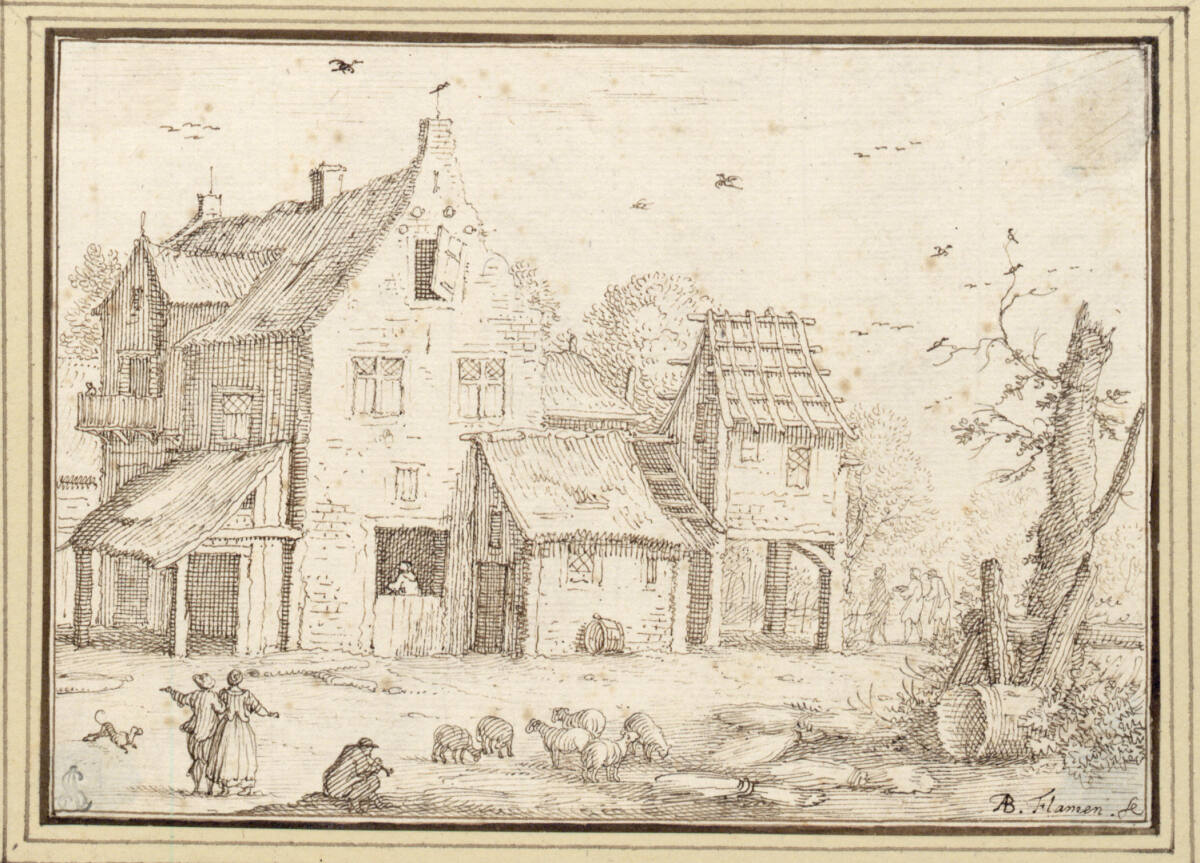 AlbertFlamen, Blick auf ein Gehöft, vorne ein Schäfer und ein Bauernpaar (III-21)