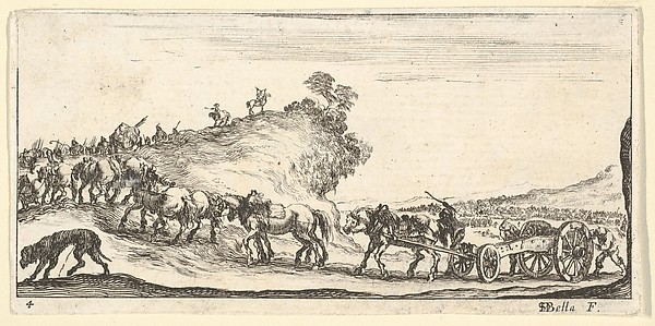 Stefano della Bella, Plate 4: a procession of cannons and horses riding uphill towards the left, a dog at lower left, from "Troops, cannons, and attacks on towns" (Dessins de quelques conduites de troupes, canons, et ataques de villes)