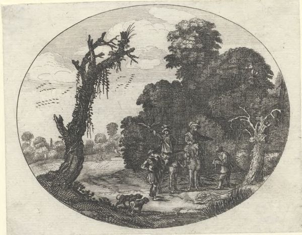 Moncornet, Balthasar, (approximately 1600-1668), (printmaker), Oval landscapes: A hunting party in the woodlands