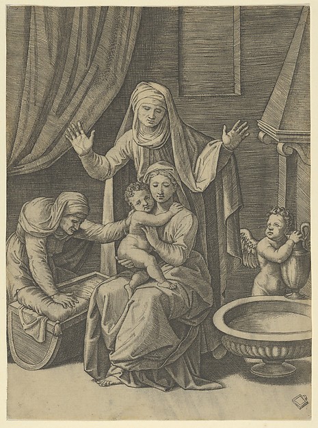 Marcantonio Raimondi, The Virgin holding the Christ Child, St Anne standing above with arms outstretched, St Elizabeth at the left