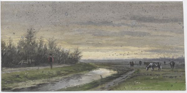 Kikkert, Jan Elias, (1843-1925), (artist), Road alongside a canal and pastures