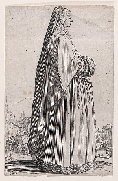 Jacques Callot, La Dame Coiffée d'un Grand Voile et a la Robe Bordée de Fourrures (The Lady with a Large Veil and with a Fur-Lined Robe), from "La Noblesse" (The Nobility)