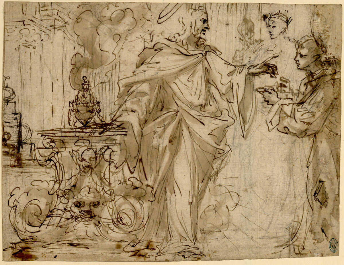 Anonym, Christus (?) neben einem Altar mit Räucherfaß stehend reicht der heiligen Maria Magdalena Pazzi die Hostie; in der Mitte dahinter noch zwei stehende Figuren angedeutet