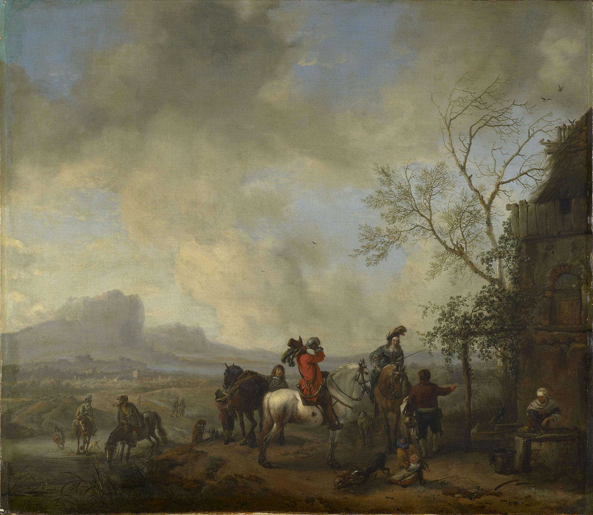 Philips Wouwerman, A Hunting Party Halting at a Wayside Inn