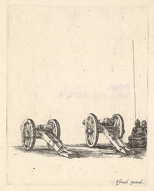 Stefano della Bella, Two cannons, two soldiers seen from the back seated to the right, from "Equipment needed for Fortification" (Recueil de diverses pièces très nécessaires à la fortification)