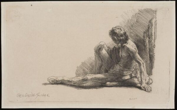 Rembrandt van Rijn, Nude man seated on the ground with one leg extended