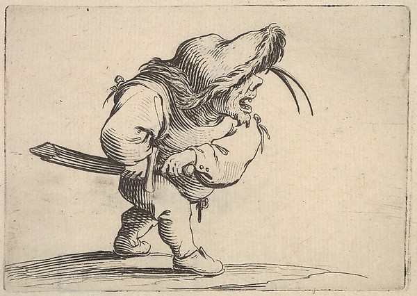 Jacques Callot, Small male figure stopping to draw his sword, in profile view with open mouth and left foot positioned forward, from "Varie Figure Gobbi"