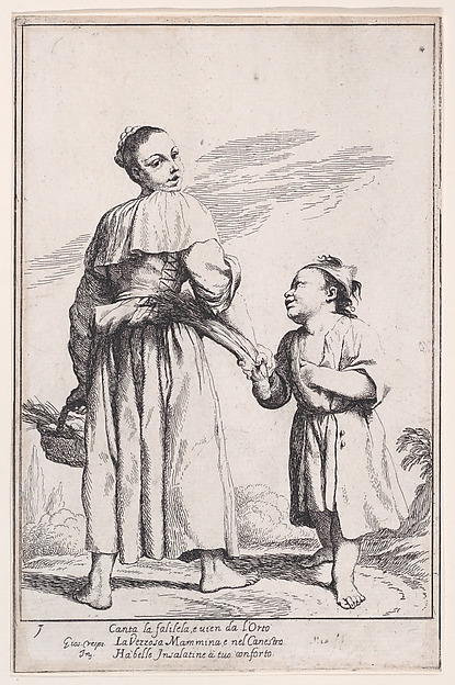 Giuseppe Maria Crespi, Plate 15: Menghina leaving the garden with a basket filled with herbs and encountering Cacasenno, from "Bertoldo, Bertoldino, and Cacasenno"