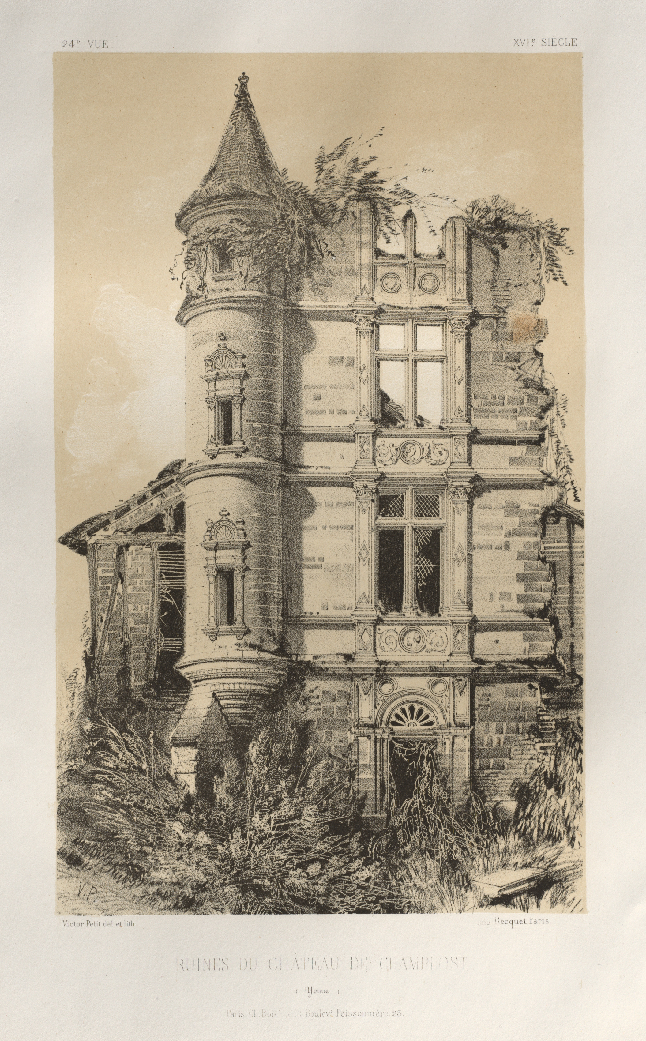Victor Petit, Architecture Pittoresque ou Monuments des xveme. Et xvieme. Siecles: Chateaux De France des XV et XVI Siecles: Pl. 24, Ruines Du Chateau De Champlost (Yonne)
