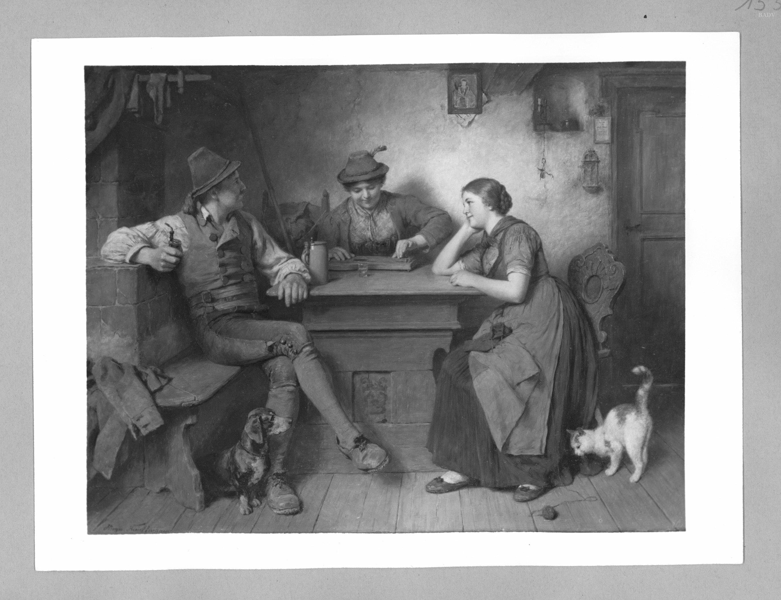 Hugo Kauffmann, two men and a girl sitting in an inn