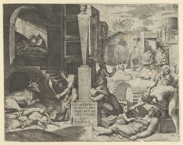 Marcantonio Raimondi, A plague scene at right, a man at left holding a torch illuminating part of the scene, ill people at the right