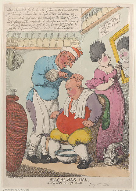 Thomas Rowlandson, Macassar Oil, An Oily Puff for Soft Heads