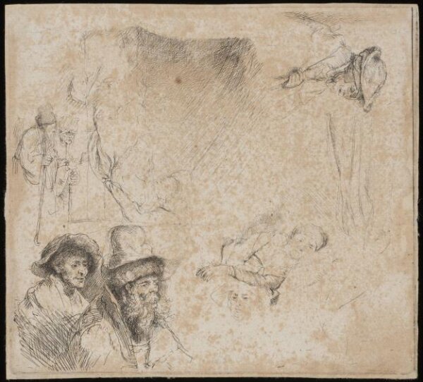 Rembrandt van Rijn, Sheet of studies, with a woman lying ill in bed, etc.