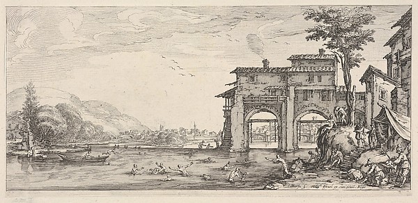 Jacques Callot, View of bathers and a large building at the right, from "Italian landscapes" (Diverse vedute designate in Fiorenza / Paysages italiens)