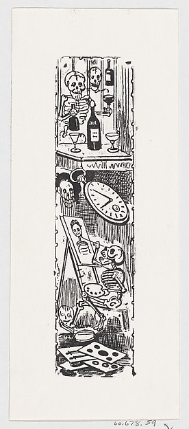 José Guadalupe Posada, A skeleton painting and another skeleton holding a bottle of liquor, from a broadside entitled 'Aqui esta la calavera del editor popular'