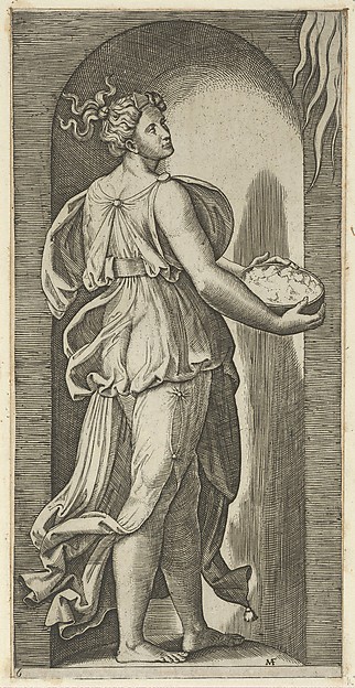 Marcantonio Raimondi, Hope personified as a woman standing in a niche facing right, holding a container of unleavened bread in both hands, from "The Virtues"