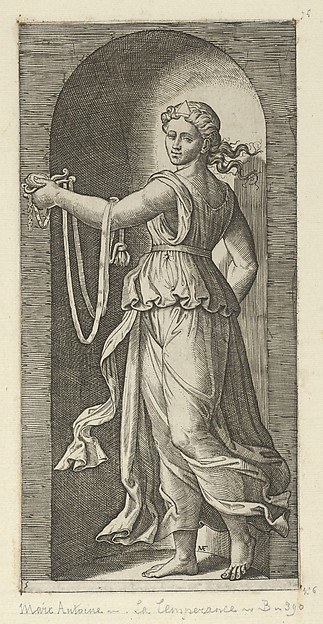 Marcantonio Raimondi, Temperance personfied by a woman standing in a niche holding a bit, from "The Virtues"