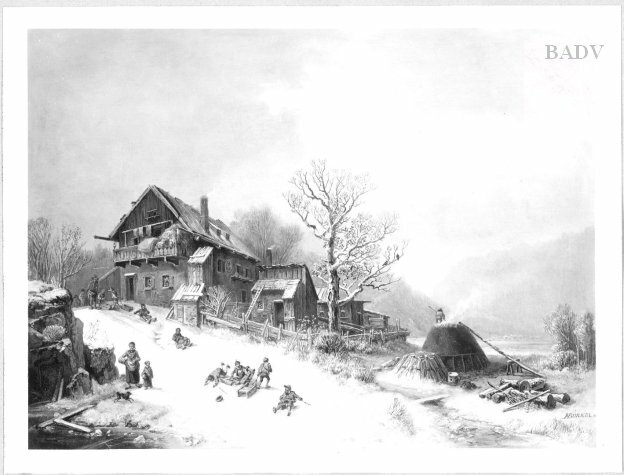Heinrich Bürkel, Winterlandschaft mit Bauernhaus und Kindern