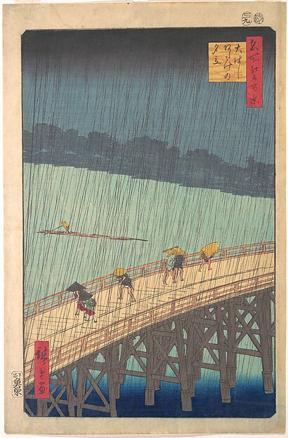 Utagawa Hiroshige, Sudden Shower over Shin-Ōhashi Bridge and Atake (Ōhashi Atake no yūdachi), from the series One Hundred Famous Views of Edo (Meisho Edo hyakkei)