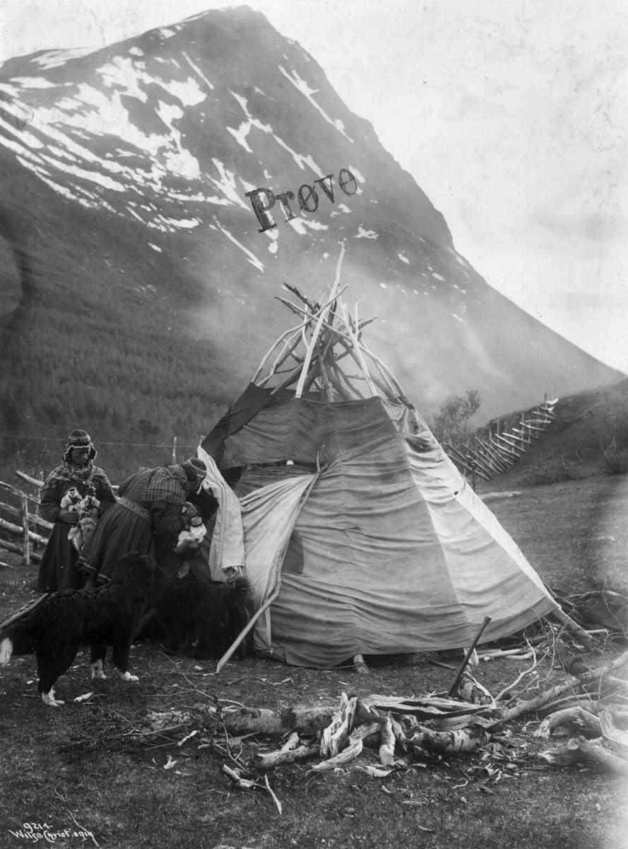 Anders Beer Wilse, Svenske samer og en hund utenfor et telt. Antagelig Lyngseidet 1909