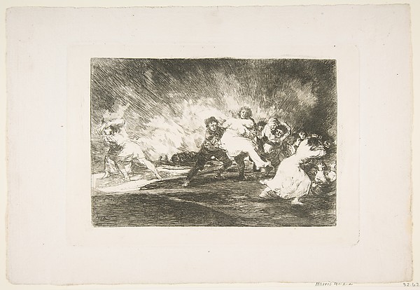 Goya (Francisco de Goya y Lucientes), Plate 41 from "The Disasters of War" (Los Desastres de La Guerra): 'They escape through the flames' (Escapan entre las llamas)