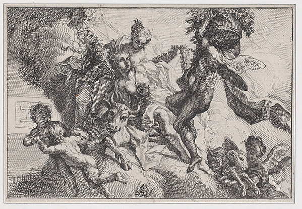 Johann Georg Bergmüller, Autumn: allegorical scene with figures seated on clouds with a bull and ram