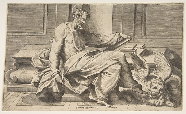 Giulio Bonasone, Saint Mark writing his gospel, winged lion at the right