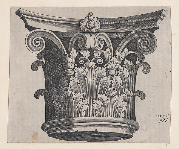 Agostino Veneziano (Agostino dei Musi), Corinthian capital, from "Speculum Romanae Magnificentiae"
