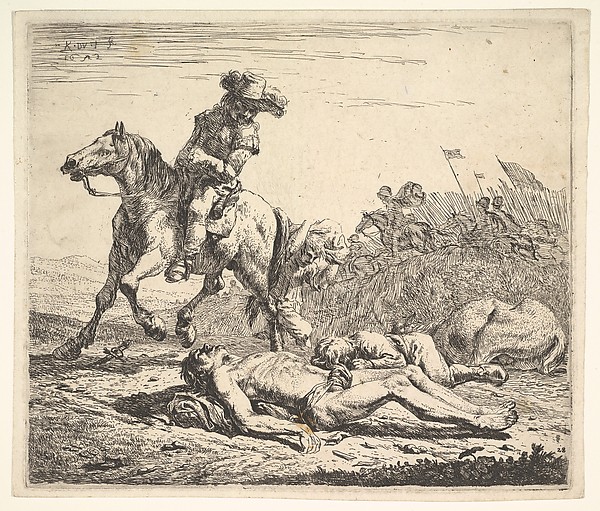 Karel Dujardin, Battlefield with horseman looking over his left shoulder toward stripped corpse on the ground, a clothed figure and horse lying to the right, horsemen carrying flags beyond