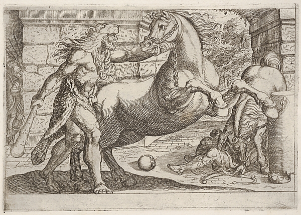 Antonio Tempesta, Hercules and the Mares of Diomedes: Hercules grasps the bridle of a rearing horse, a second horse tramples a figure in at right, from "The Labors of Hercules"