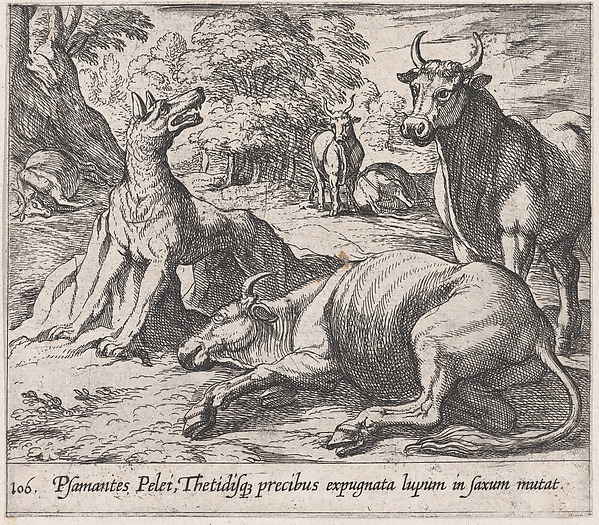 Antonio Tempesta, Plate 106: Peleus's Cattle, ad the Sea Wolf Turned to Marble (Psamantes Pelei, Thetidisq precibus expugnata lupum in saxum mutat), from Ovid's 'Metamorphoses'