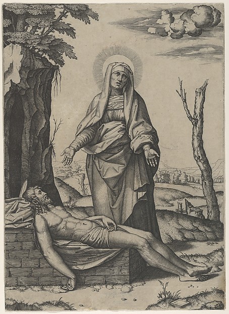 Marcantonio Raimondi, The Pietà: the Virgin standing over the dead Christ, her hands outspread