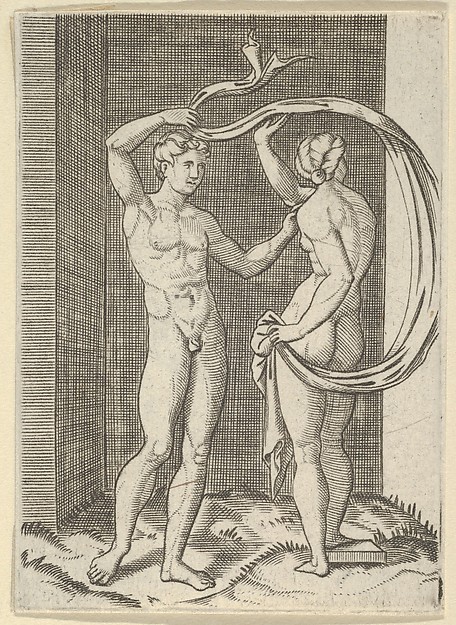 Anonymous, Naked woman viewed from behind holding fabric which billows behind her, looking at naked man standing before her