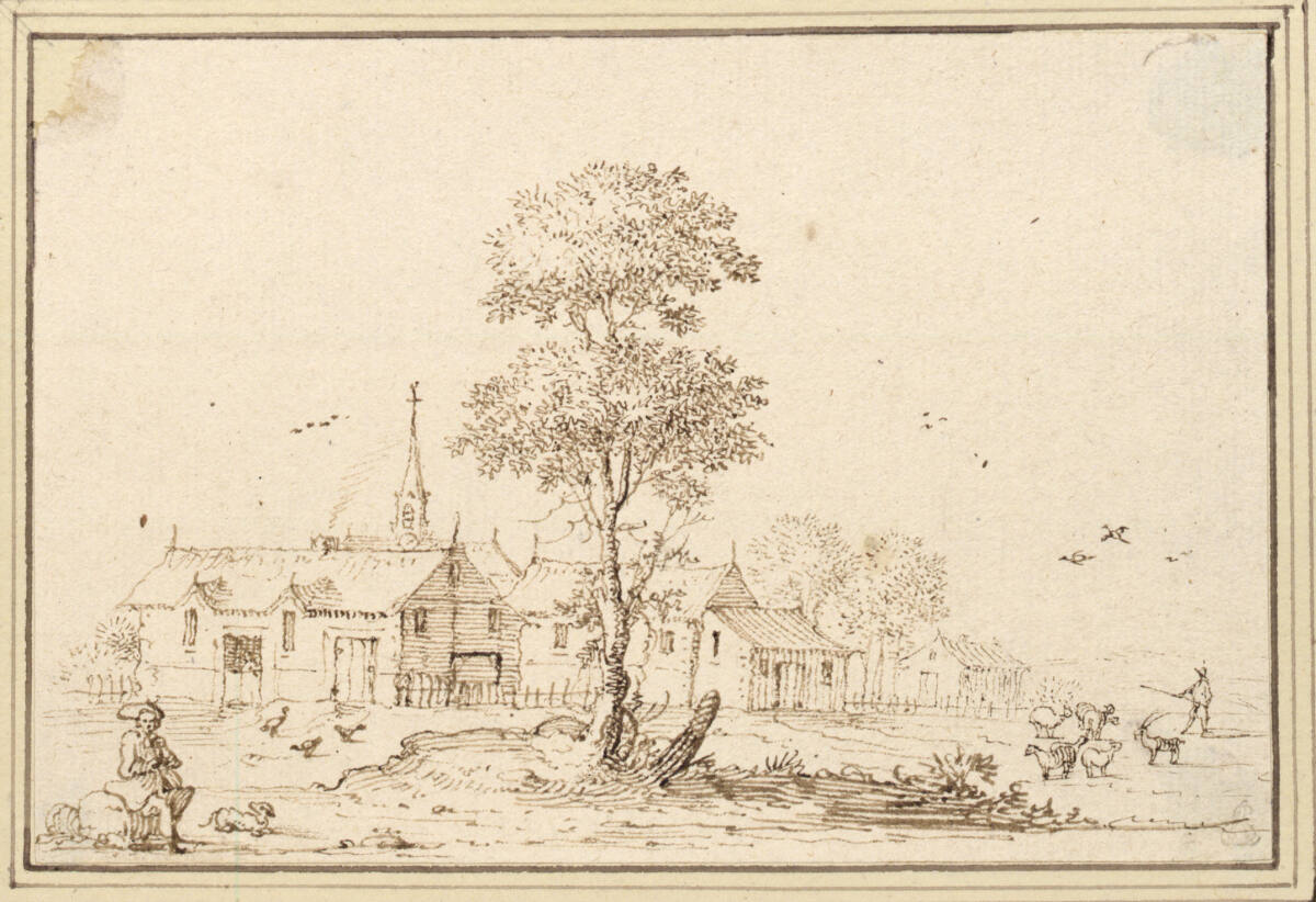 AlbertFlamen, Blick auf ein Dorf, vorne in der Mitte ein Bäumchen (IV-9)