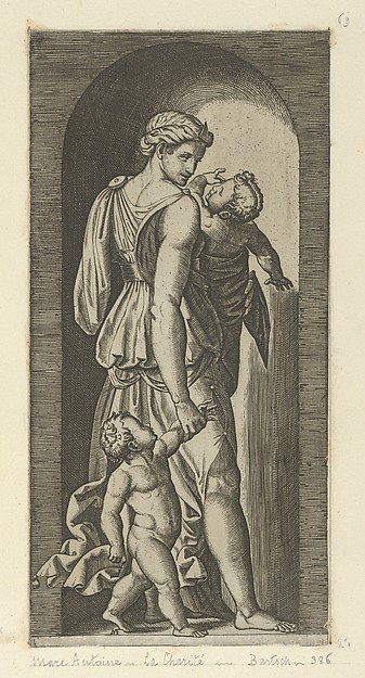 Marcantonio Raimondi, Charity personified by a woman with two childen, from "The Virtues"