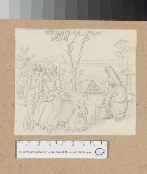 Unknown artist, Personen am Brunnen und Kakteen am Golf von Neapel