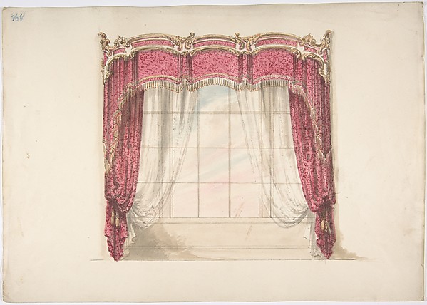 Anonymous, British, 19th century, Design for Red Curtains with Gold Fringes and a Gold, Red and White Pediment
