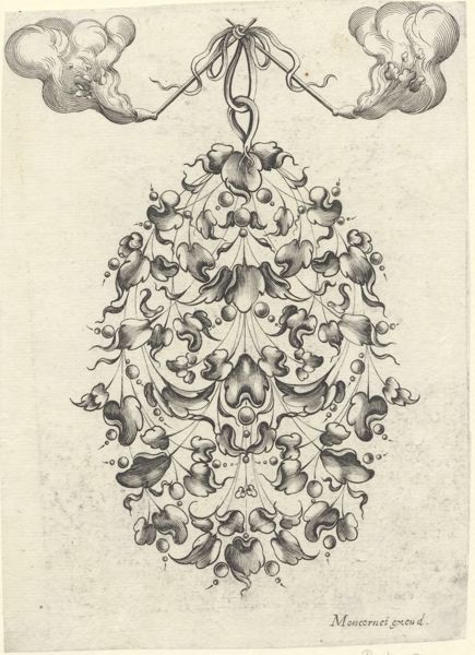 Moncornet, Balthasar, (approximately 1600-1668), (printmaker), Stylized flowers and leafs: A medallion of stylized flowers hanging from two smoking pipes