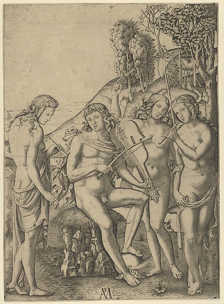 Marcantonio Raimondi, A young man, seated and playing the violin at centre, flanked by two woman holding flutes, another woman in the background